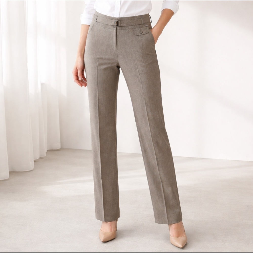 St John Women Trouser Pants 8 Straight Leg Wool Blend Belted Taupe Brown Career - Picture 1 of 11